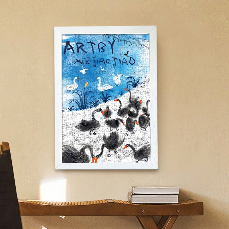 Completed Swans puzzle in white frame on table, featuring swans by a blue pond.