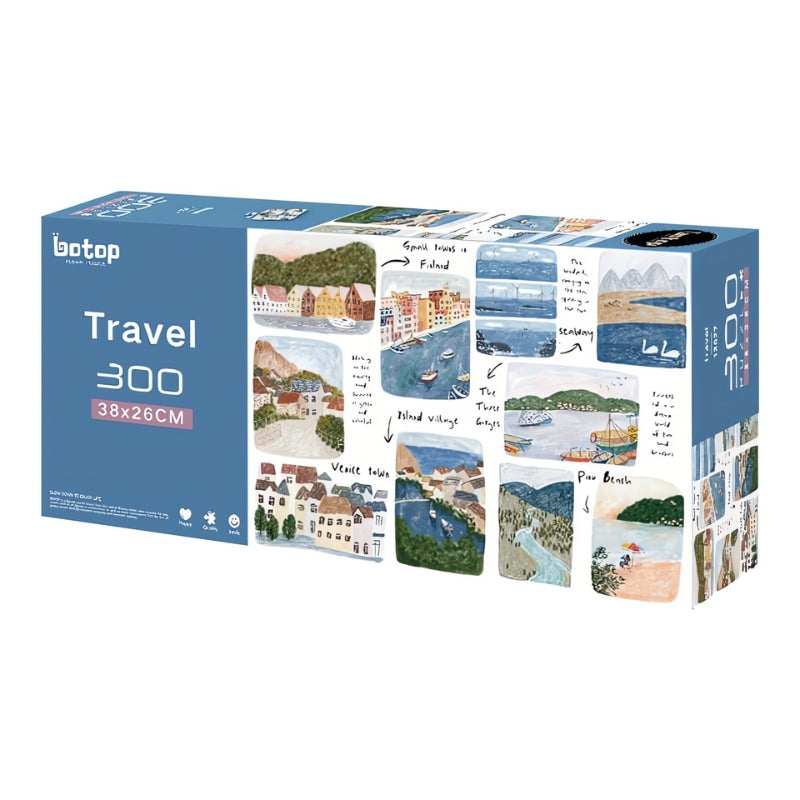 Boxed 300-piece Botop Travel puzzle with colorful illustrated travel scenes.