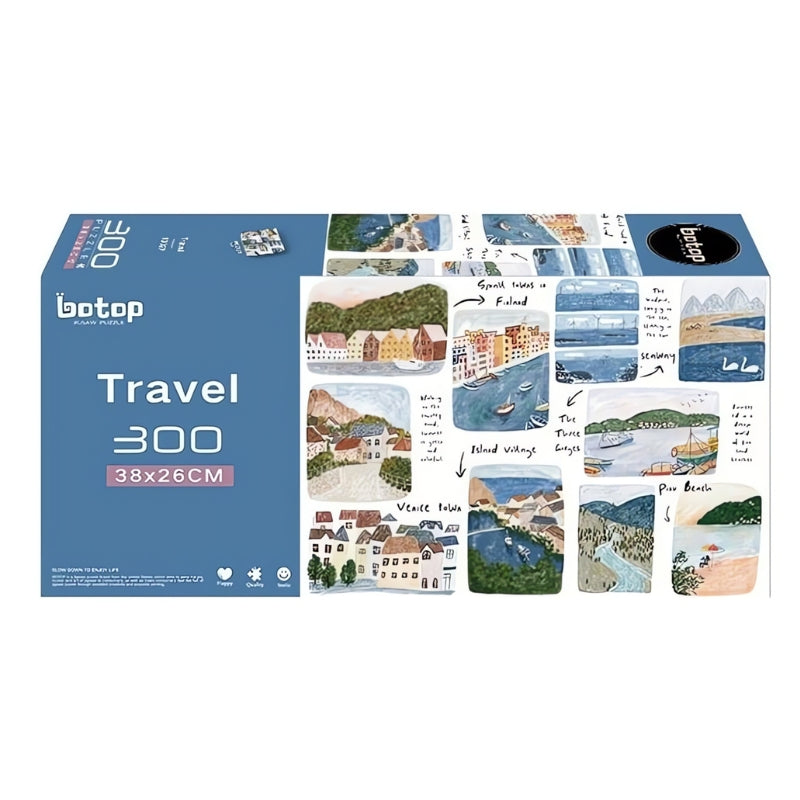 Boxed 300-piece Botop Travel puzzle with colorful illustrated travel scenes.
