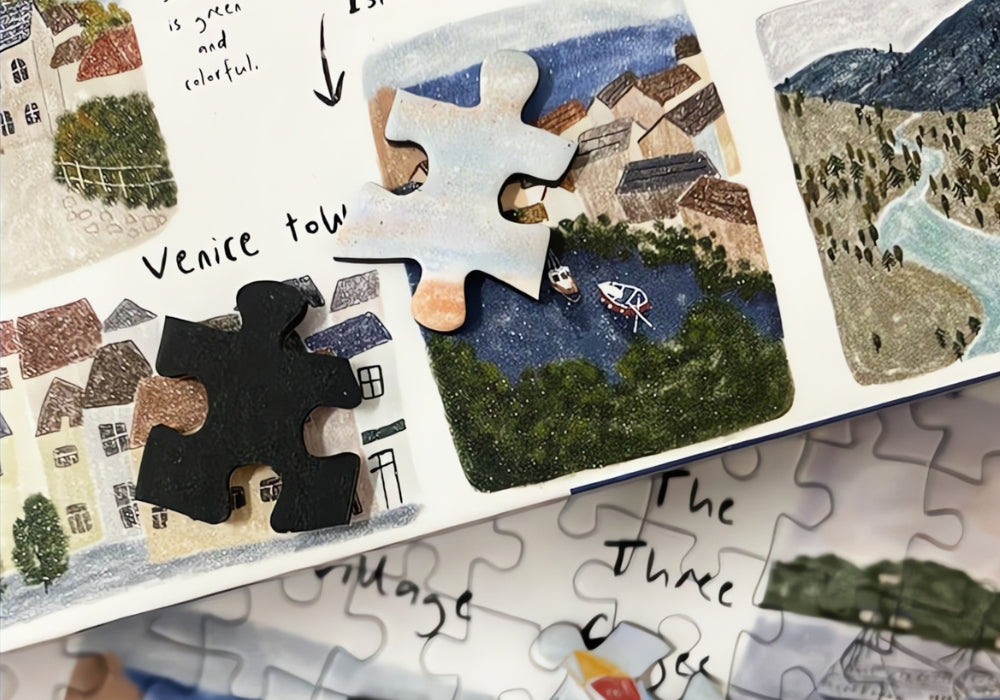 Close-up of Botop Travel puzzle pieces placed over village and lake illustrations.