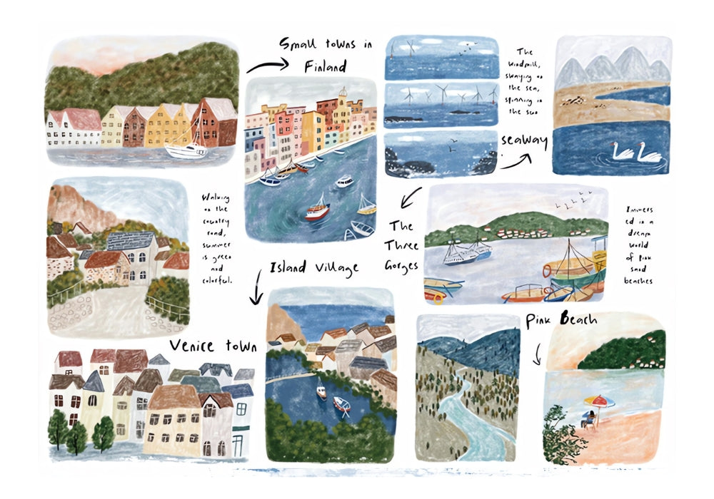 Travel-themed Botop puzzle guide with labeled hand-drawn scenes of global locations.