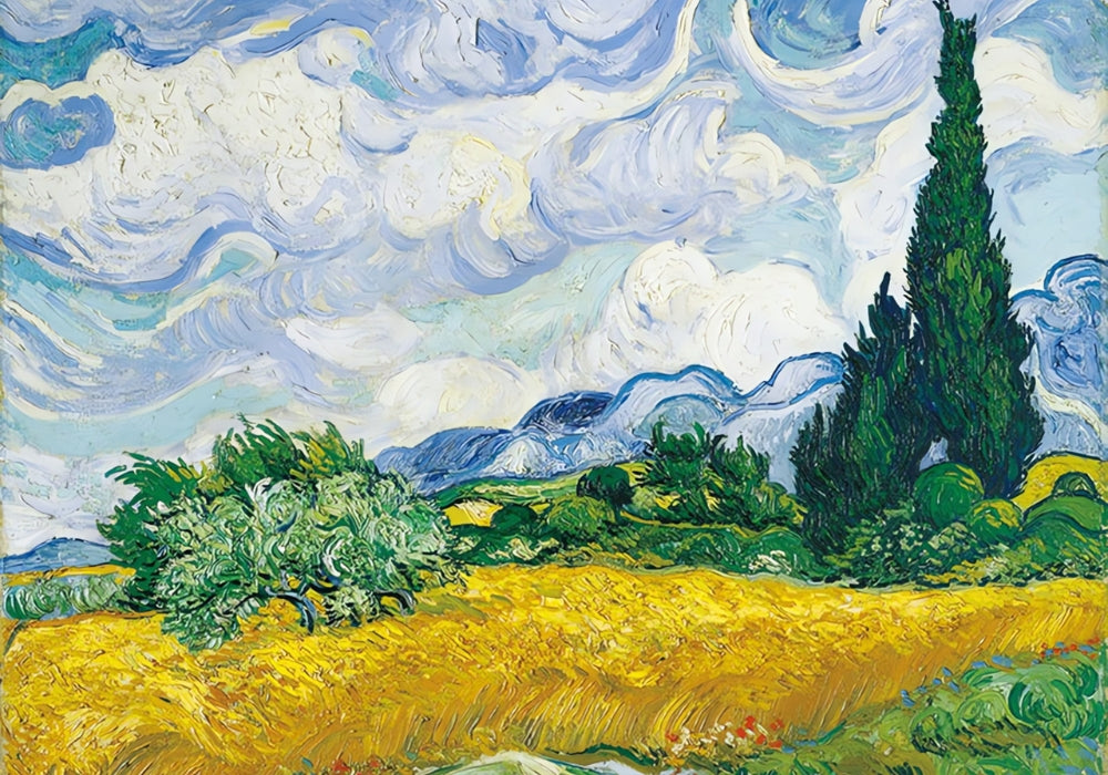 Van Gogh’s Wheatfield with Cypresses painting featuring golden field, trees, and sky