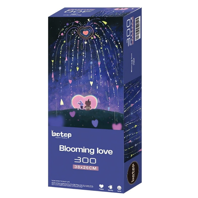 Botop Blooming Love 300 piece puzzle box showing heart-shaped fireworks above two characters in a romantic night scene