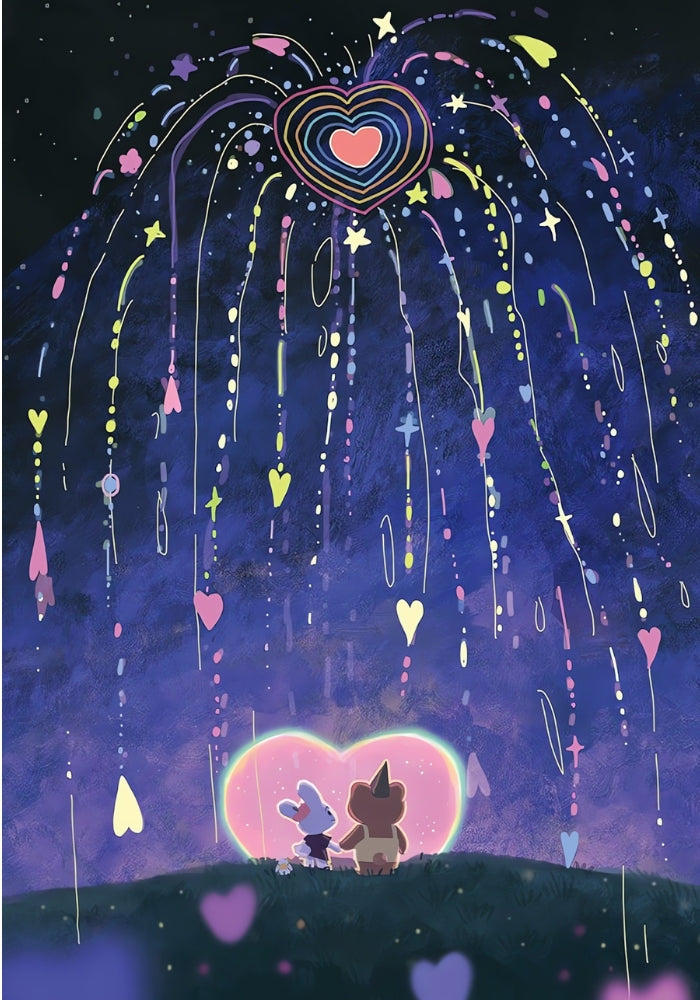 Blooming Love puzzle artwork featuring two characters under heart fireworks in a dreamy purple night sky