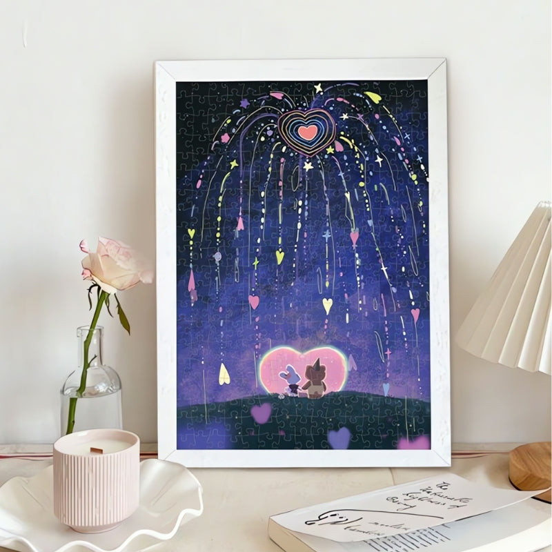Framed Blooming Love puzzle displayed on desk, showing romantic heart fireworks and couple under the stars