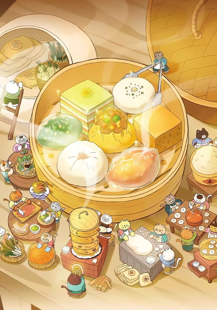 Cat Restaurant 300 piece puzzle artwork showing cute cats enjoying yum cha around oversized dim sum dishes