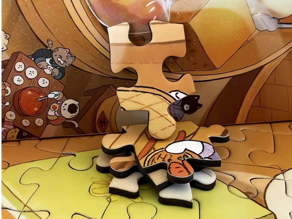 Stack of Cat Restaurant puzzle pieces showing thick cut and cute dim sum design