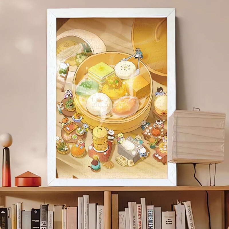 Framed Cat Restaurant puzzle showing detailed dim sum feast with cartoon cats, displayed on wall shelf