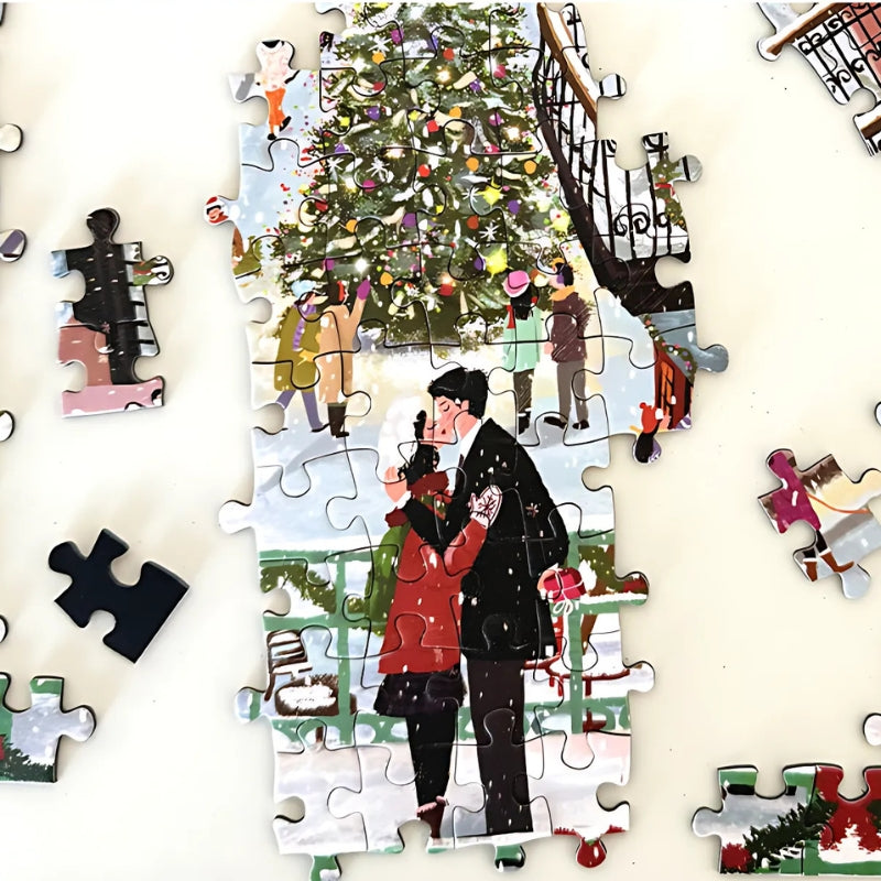 In-progress Botop Christmas Song puzzle with couple and decorated Christmas tree.