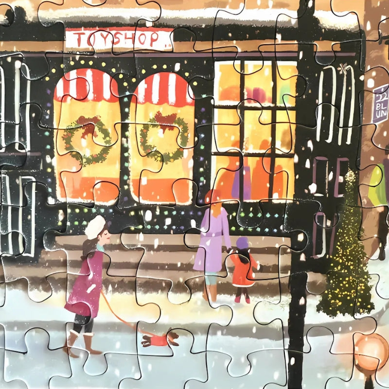 Close-up of Christmas Song puzzle showing toy shop and people walking in snow.