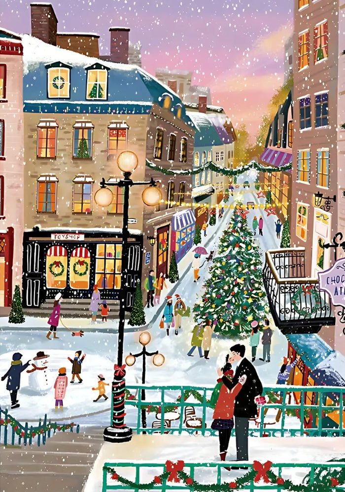Completed Botop Christmas Song puzzle with people, shops, and Christmas tree in snow.