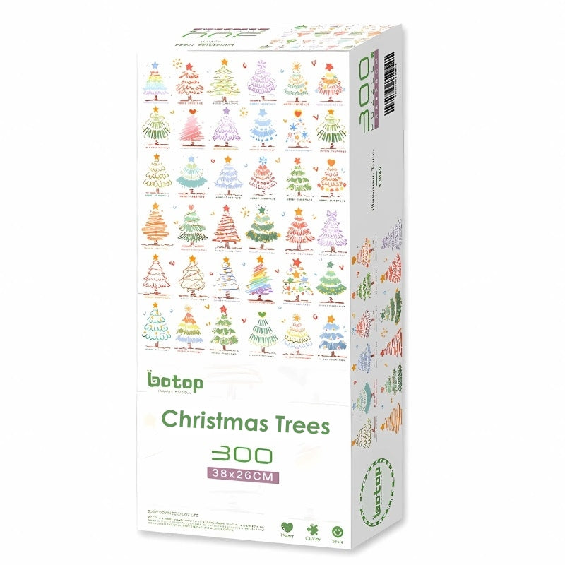 BOTOP Christmas Trees 300-piece puzzle box with illustrations of colourful, stylised Christmas trees