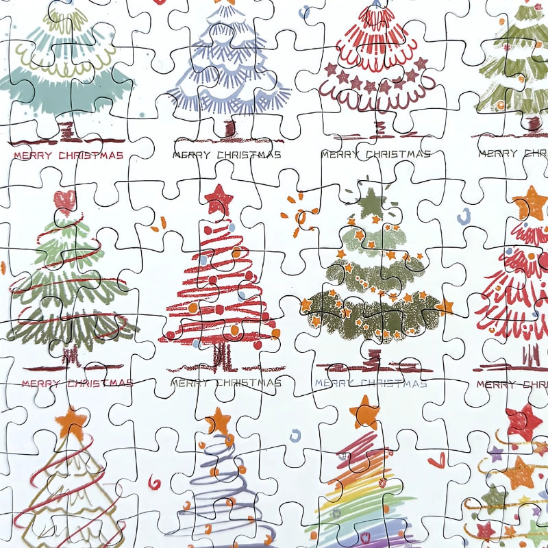 Zoomed-in section of Christmas Trees puzzle with various tree styles, decorations, and “Merry Christmas” text