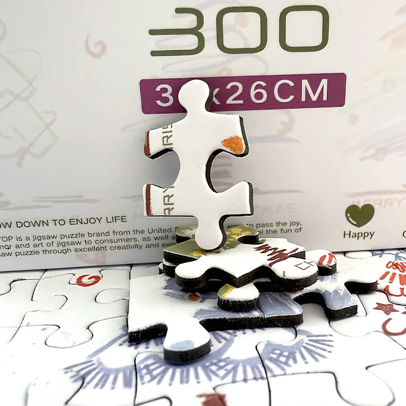Close-up of Christmas Trees puzzle pieces, showing thickness and quality with festive colours and patterns