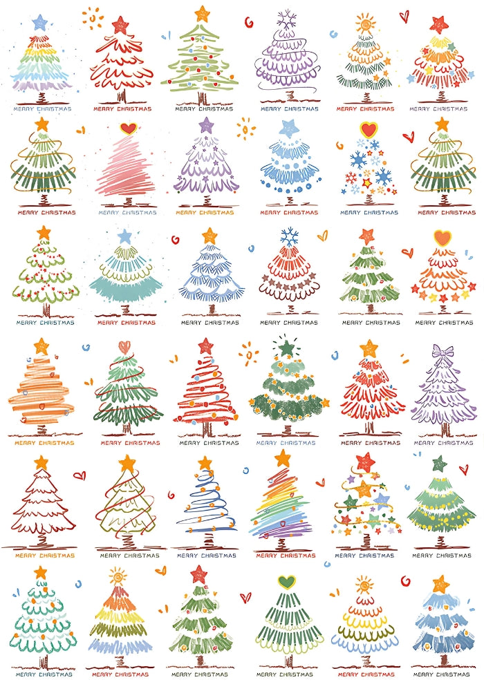 Completed Christmas Trees puzzle featuring rows of colourful hand-drawn Christmas tree designs on a white background