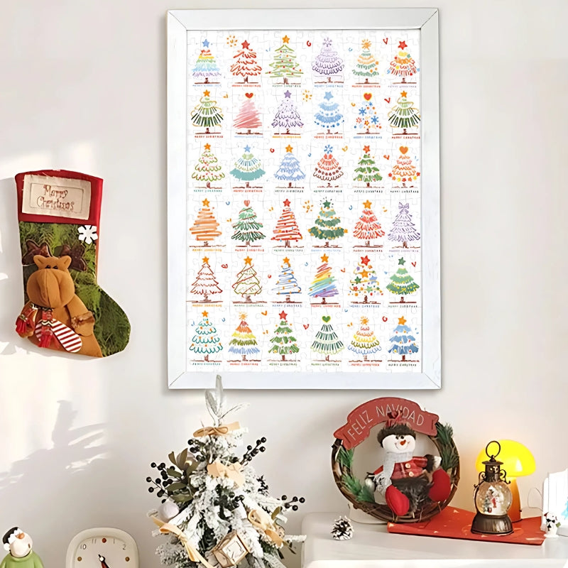 Framed Christmas Trees puzzle on a wall, surrounded by festive Christmas decorations and ornaments