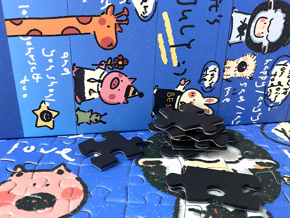 Close-up of Good Day puzzle pieces with cartoon characters and text, alongside stacked black-backed pieces