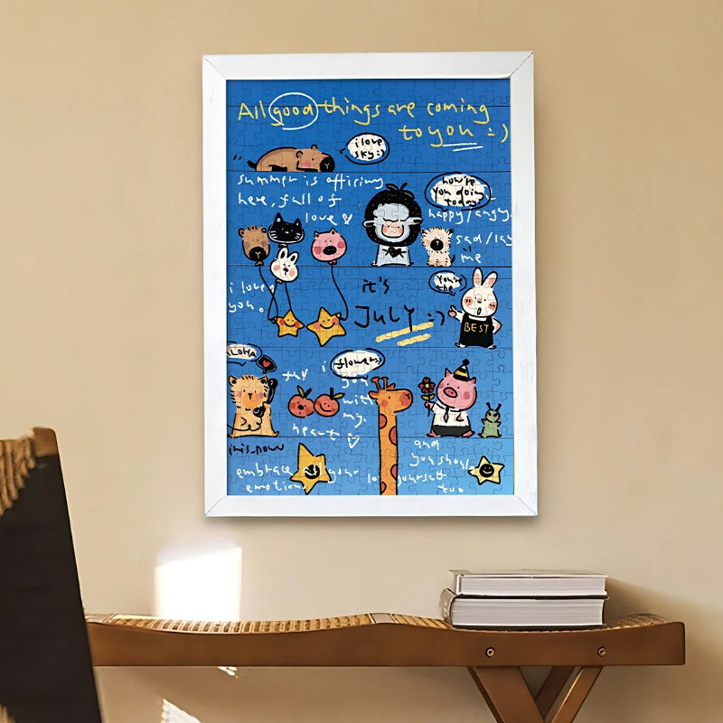 Completed Good Day puzzle displayed in a white frame on a wall above a wooden desk with books