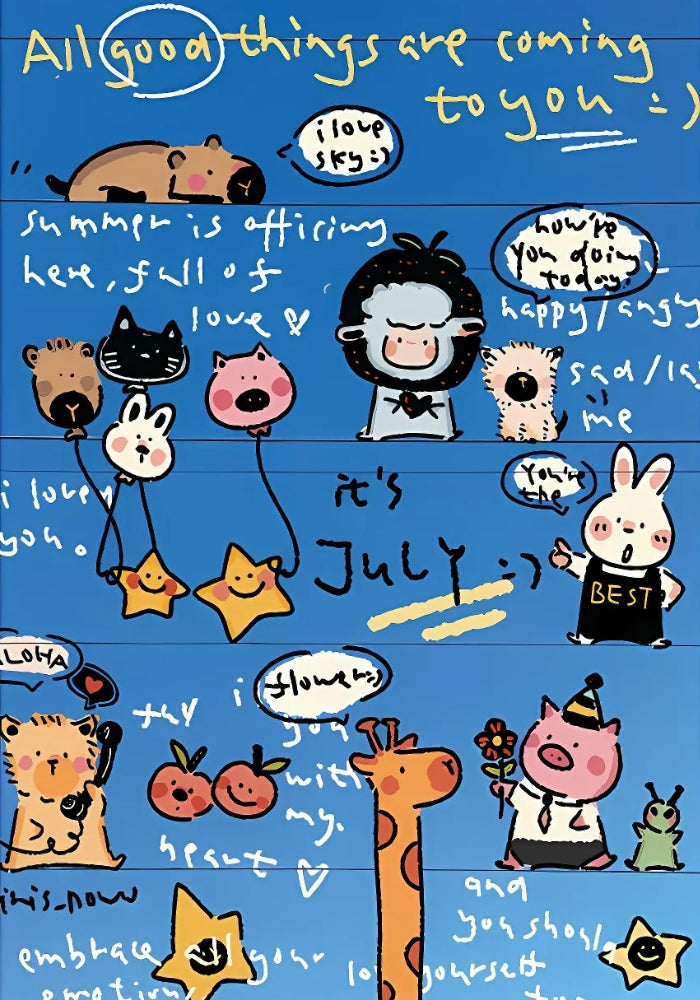 Good Day puzzle illustration with cartoon animals and handwritten motivational quotes on a bright blue backdrop