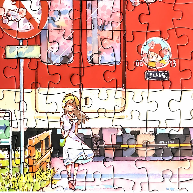 Zoomed-in Sakura Train puzzle showing a girl in white dress near a red train window, surrounded by soft pink tones