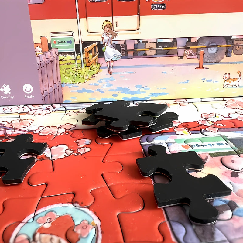 Close-up of Sakura Train puzzle pieces beside the box, showing cherry blossom print and thick puzzle quality