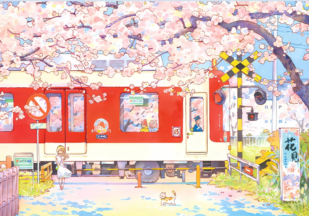 Sakura Train puzzle artwork showing a red train, cherry blossom trees, a girl on the platform, and a cat walking by