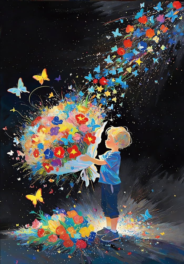 Send Flowers 300 piece puzzle artwork featuring a young boy holding a vibrant bouquet with butterflies flying into the sky