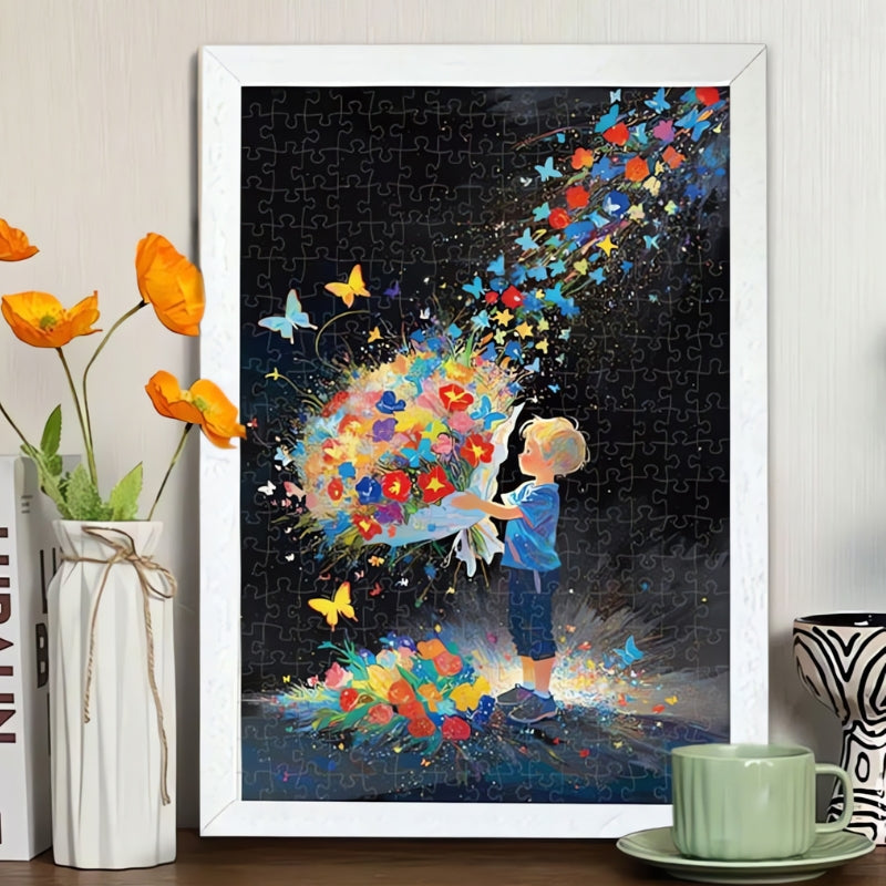 Framed Send Flowers jigsaw puzzle displayed on a shelf, featuring colourful floral and butterfly design