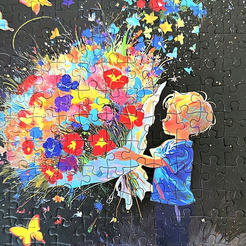 Close-up of Send Flowers puzzle pieces showing vivid colours, detailed flowers, and a boy holding a bouquet