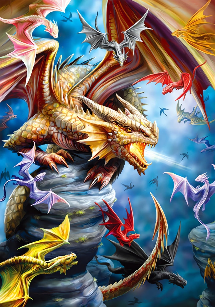 Fantasy dragon battle scene with colourful dragons flying and roaring in Dinosaur Wars puzzle