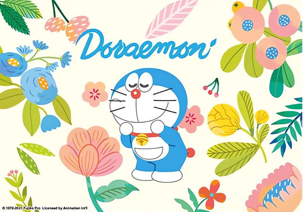Doraemon stands peacefully among colourful flowers and leaves with his name above him.