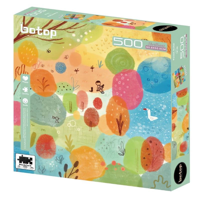 Forest Guitar puzzle box with whimsical colourful trees and child playing guitar.