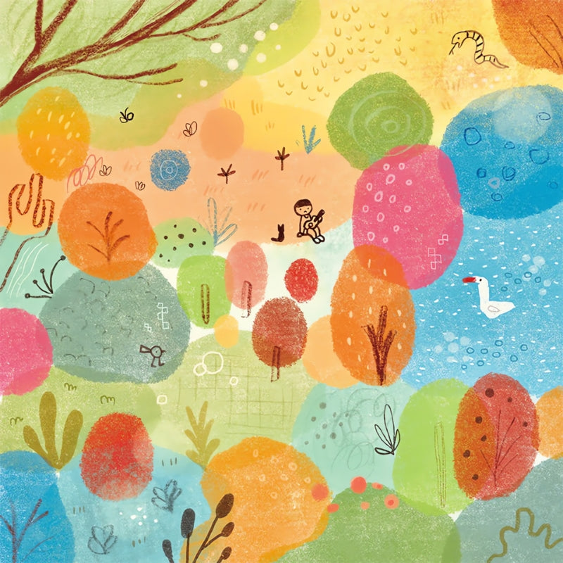 Child and cat sit among colourful forest trees with a duck nearby.