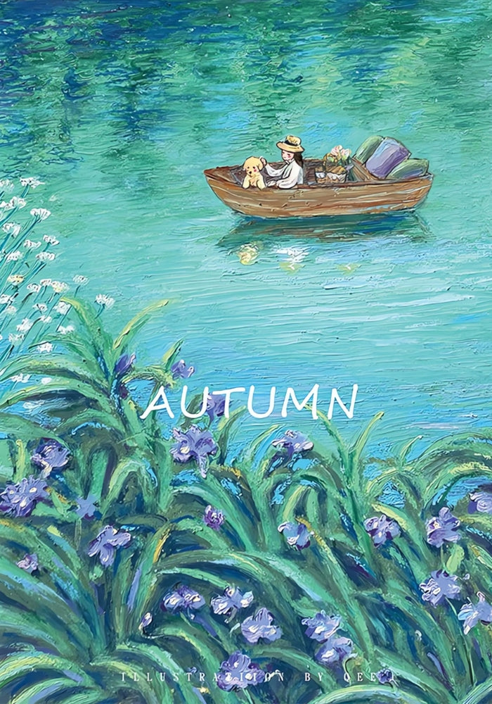 Painting of a person and dogs in a boat on a lake with purple flowers, titled Autumn.