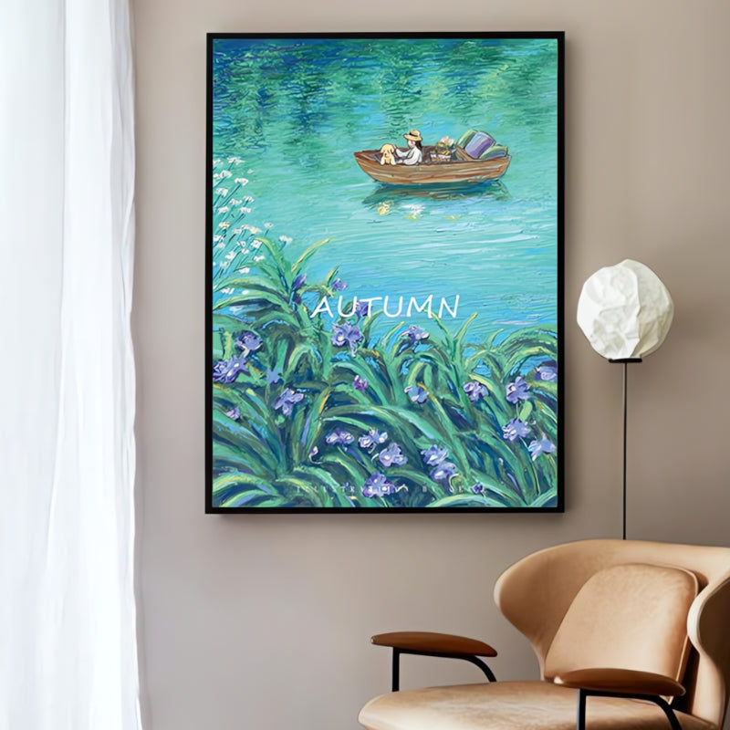 Framed Autumn puzzle art showing a boat on a lake with dogs, displayed in a cozy modern room.