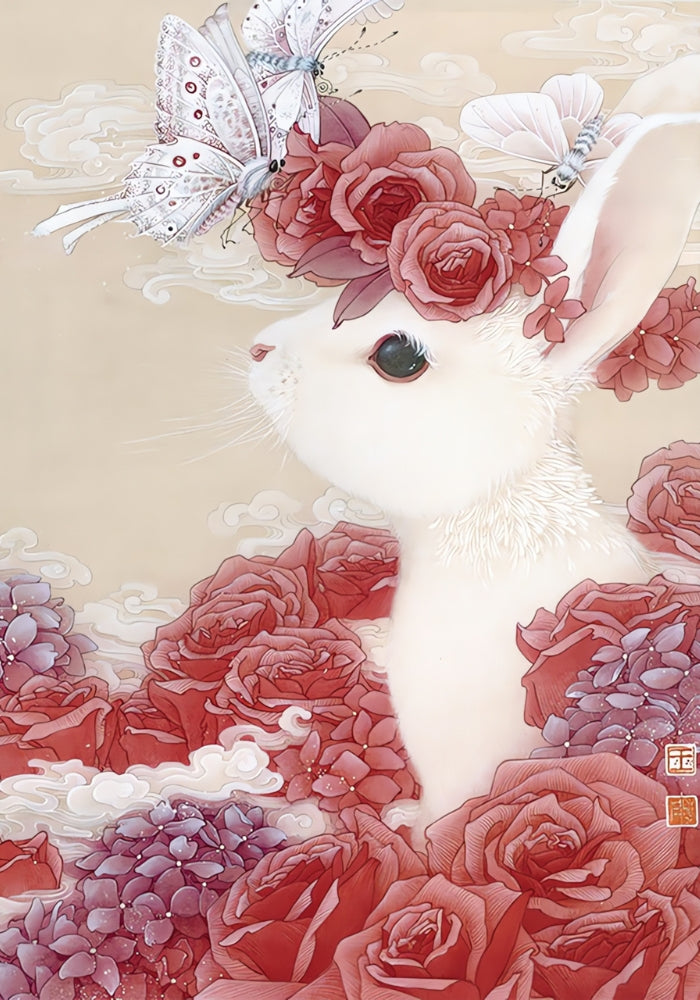 Botop Brocade Cloud rabbit surrounded by roses and butterflies