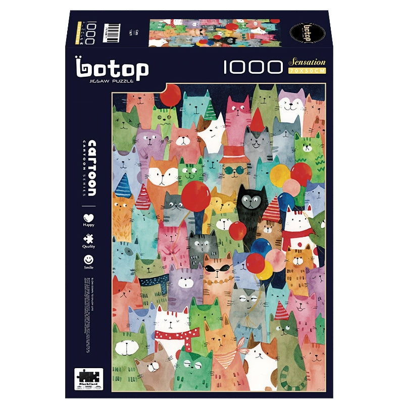 Botop Cats puzzle box with festive illustrated cats in vibrant colors