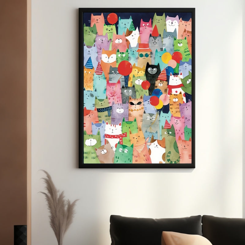 Botop Cats puzzle art framed and displayed in cozy living room
