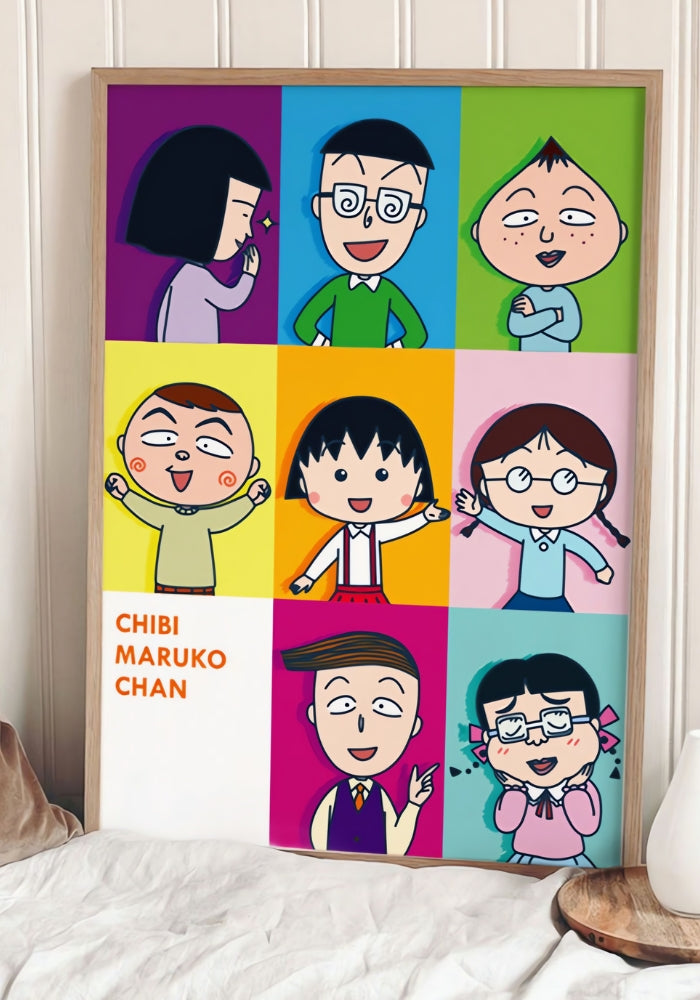 Completed Chibi Maruko-chan puzzle framed and leaning on bed wall