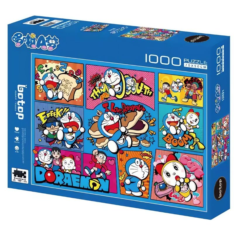 Doraemon Fantasy Adventure 1000 piece puzzle box with comic scenes and action words
