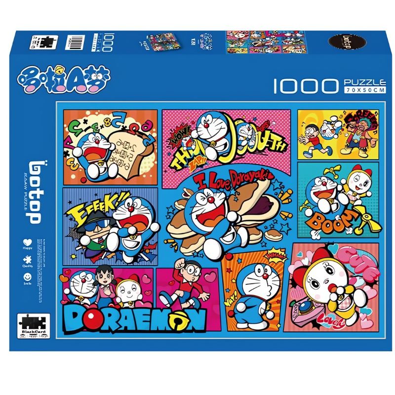 Doraemon Fantasy Adventure 1000 piece puzzle box with comic scenes and action words