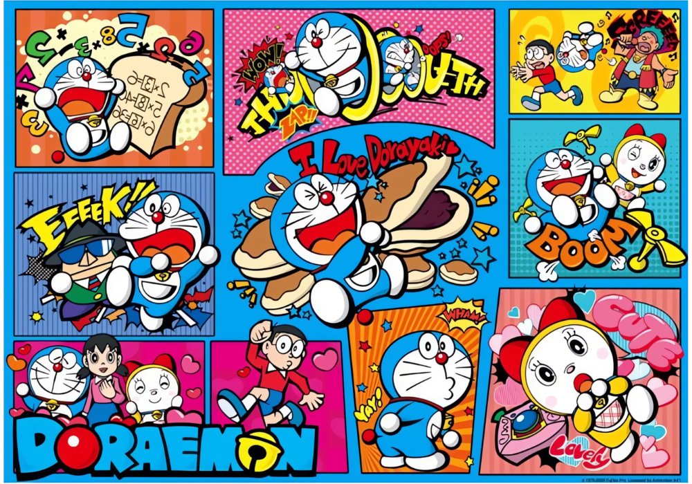 Doraemon puzzle image with colourful pop-art scenes, text bubbles, and characters
