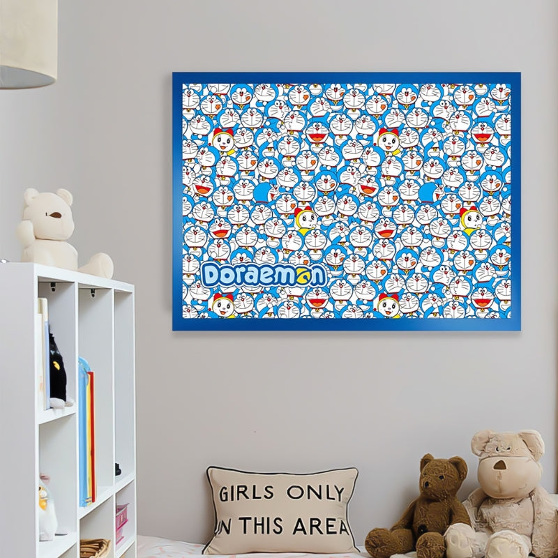 Doraemon Impossible puzzle framed and displayed above kids' bed