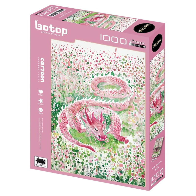 Dots Dragon 1000 piece puzzle box with pink dragon swirling through a dotted green and pink background.