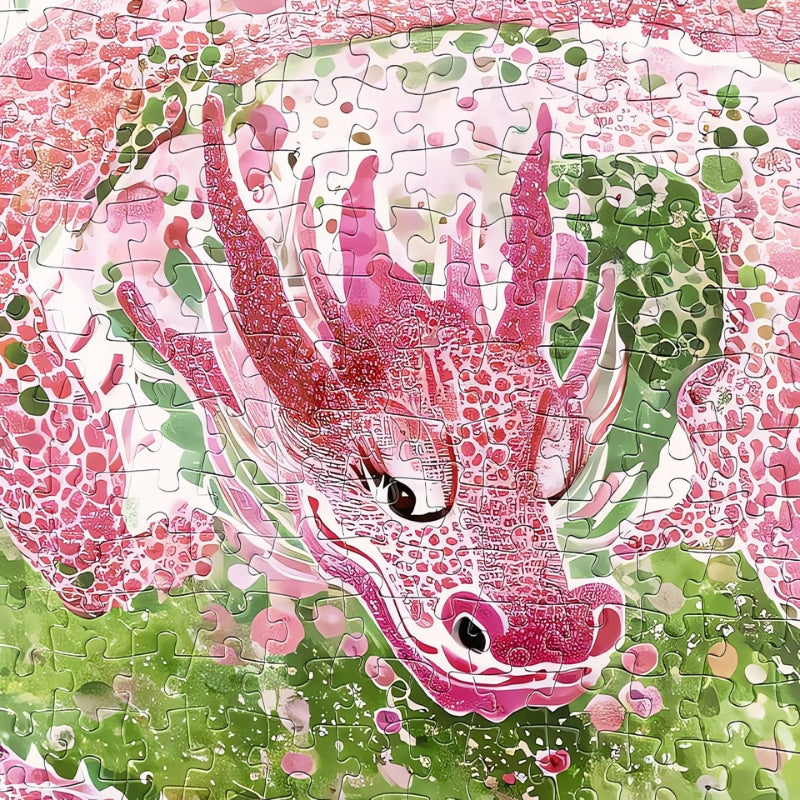 Close-up of pink dragon's face on the Dots Dragon puzzle, with intricate scale detail and expressive eyes.