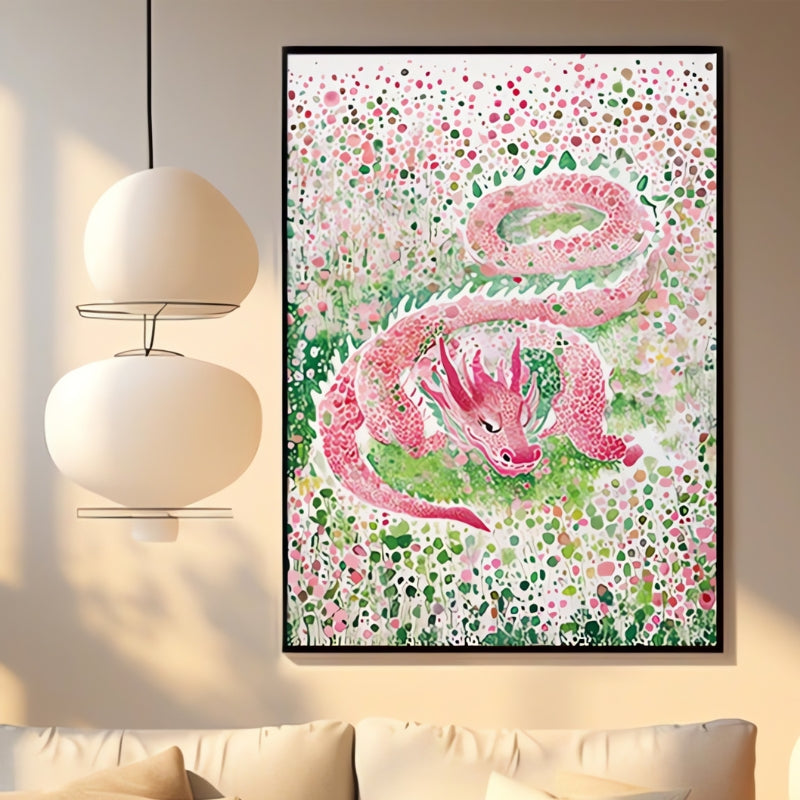 Framed Dots Dragon puzzle artwork displayed above a cream sofa in a modern, softly lit room.