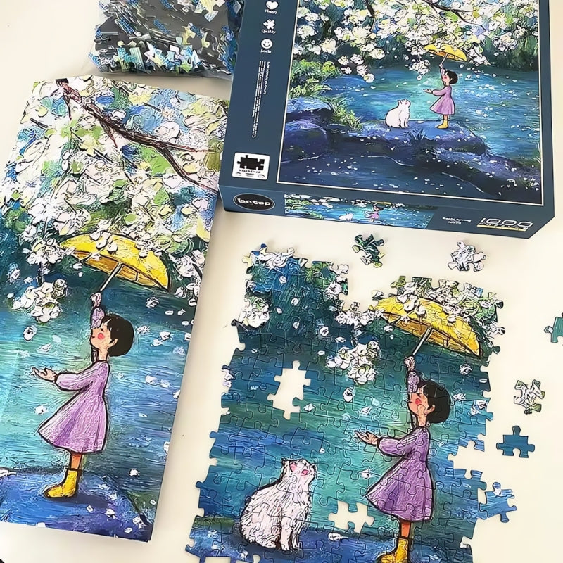 Botop Early Spring puzzle in progress with girl, cat, and blossoms
