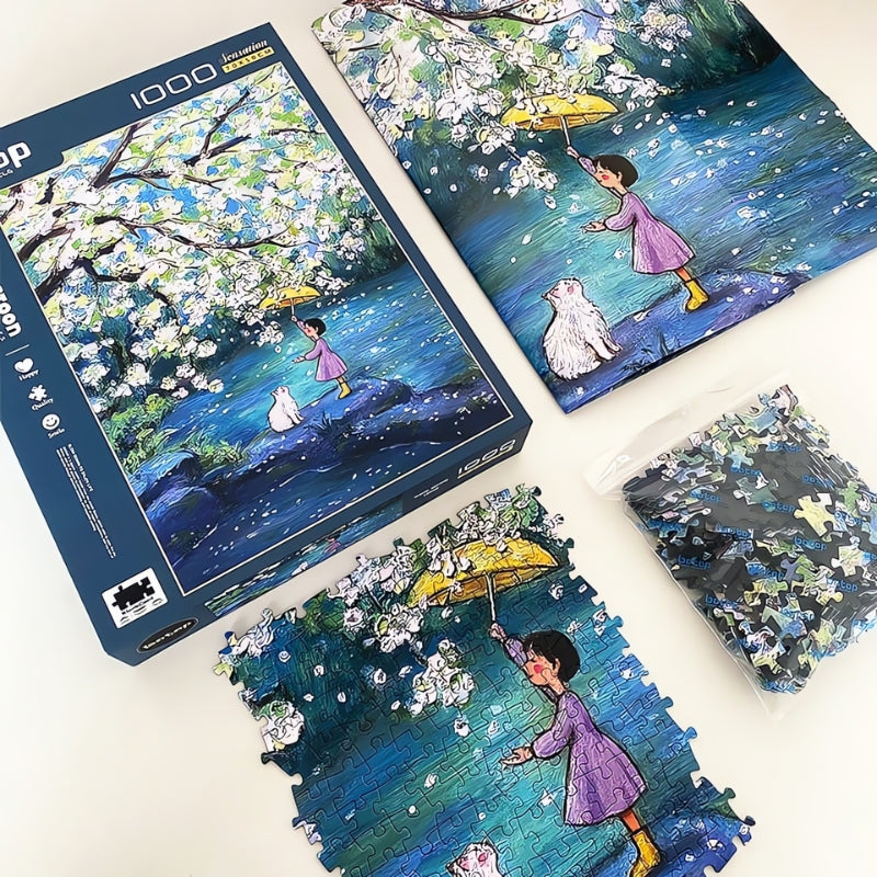Botop Early Spring puzzle in progress with girl, cat, and blossoms