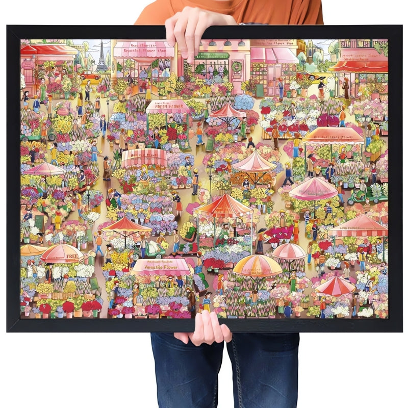 Botop Flower Market completed puzzle held in black frame