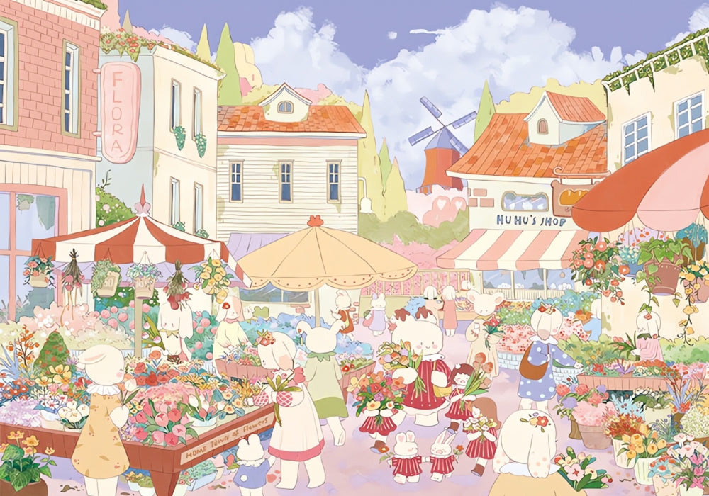 Flower Town puzzle art with rabbits shopping at a flower market